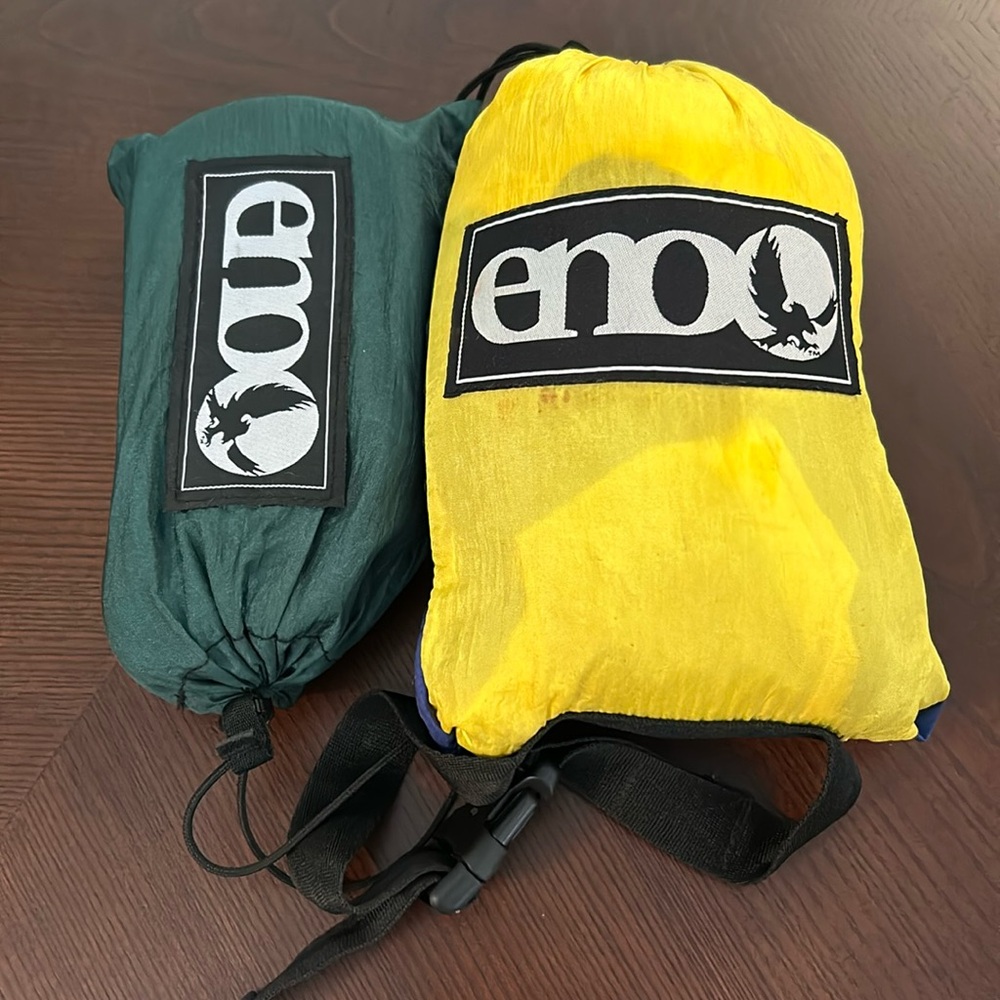 Single nest (1 person) Eno hammock, yellow and blue. Selling WITH STRAPS.